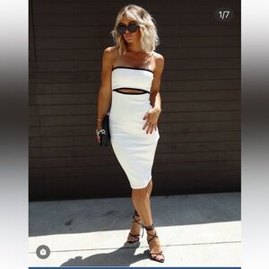 Vici White Strapless Midi Dress with Black Trim